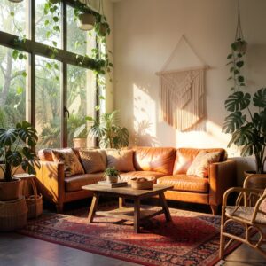 Cozy bohemian apartment living room with plants and warm light