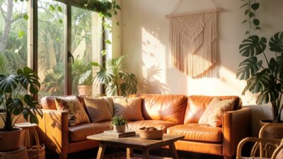 Cozy bohemian apartment living room with plants and warm light