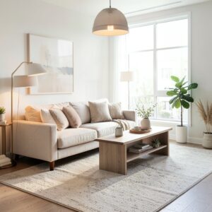 Bright small apartment living room with sofa, layered lamps, and large rug in soft neutral tones