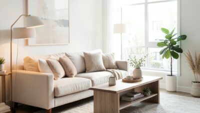 Bright small apartment living room with sofa, layered lamps, and large rug in soft neutral tones
