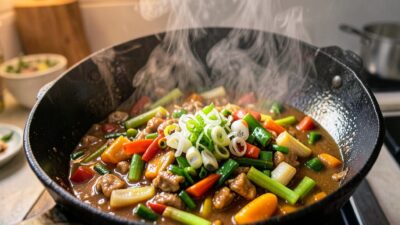 Homemade Chinese stir-fry in a wok with glossy sauce, scallions, and steam rising