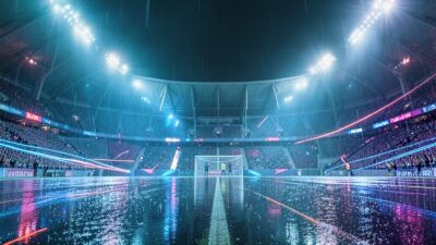 Abstract neon stadium football wallpaper in sky blue and charcoal, wallpaper aesthetic without player likeness