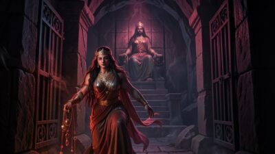 Ancient goddess Ishtar descending through underworld gates into darkness