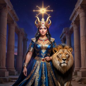 Ancient goddess Ishtar as Queen of Heaven with Venus star and lion