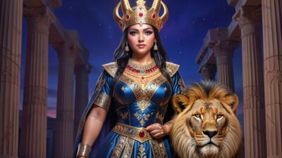 Ancient goddess Ishtar as Queen of Heaven with Venus star and lion