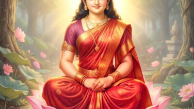 Maa Lakshmi seated on a lotus with soft golden light and flowing grace