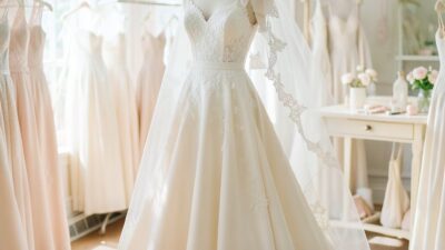 Elegant ivory wedding dress on a dress form with soft veil light in a bright atelier